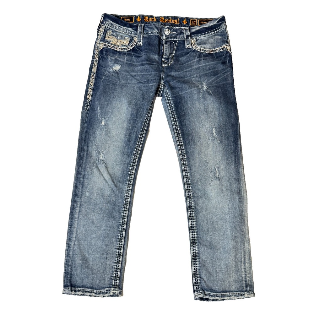 Rock Revival Betty Skinny Crop Jeans Womens 30 Blue Denim Embroidered Distressed
